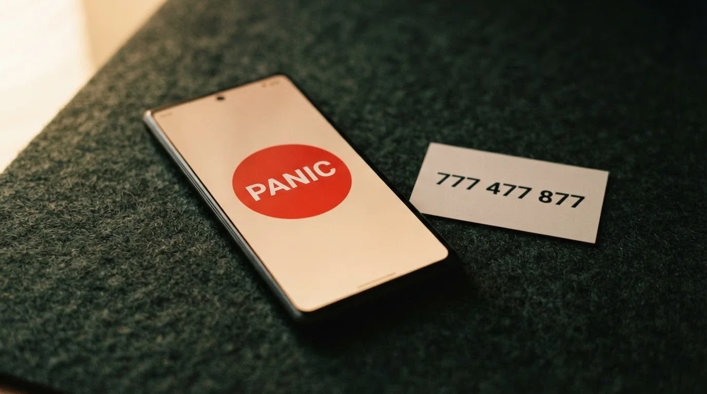Telefon s číslem 777 477 877 na displeji vedle ikony tlačítka s nápisem PANIC — kombinace linky pomoci a tlačítka okamžitého vyloučení