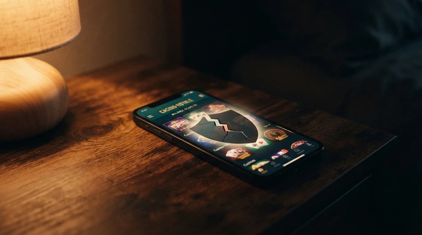 Mobilní telefon s otevřenou aplikací casina, přes obrazovku přetažená polo-průhledná ikona štítu s prasklinou.