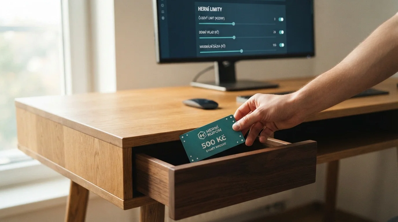 Ruka odkládající paysafecard kupón do šuplíku, na monitoru nastavení herních limitů