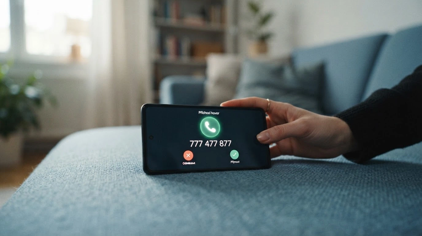 Telefon s vytočeným číslem linky pomoci, vedle logo Naberte kurz, v pozadí uklidňující modré tóny