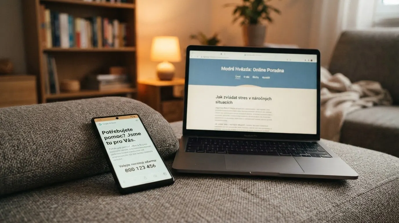 Telefon, vedle otevřený web zodpovednehrani.cz na notebooku, v pozadí logo Linky pomoci, tlumené modré světlo