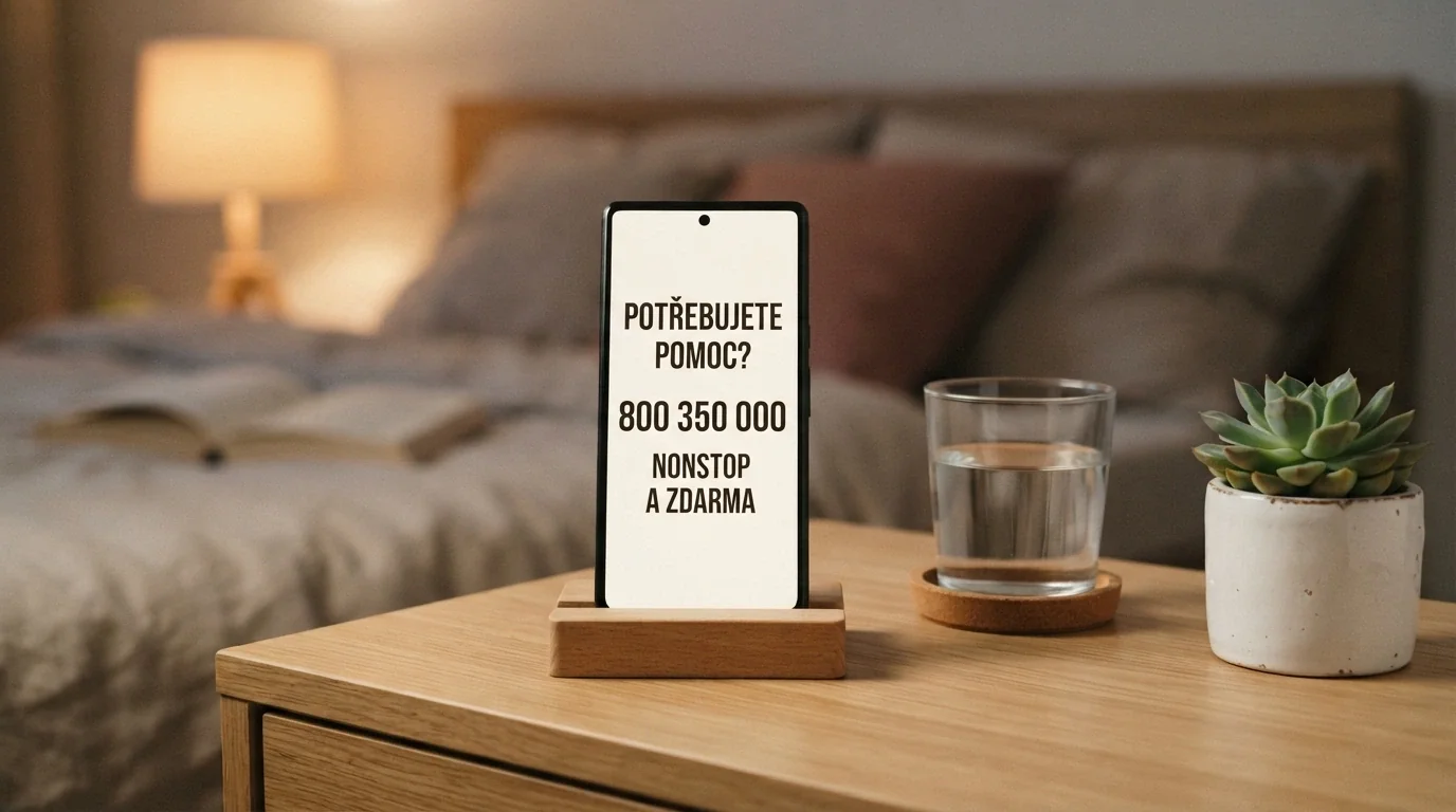 Telefon s vytočeným číslem linky pomoci na displeji, vedle sklenice vody — klidná, důvěryhodná kompozice bez hazardních symbolů