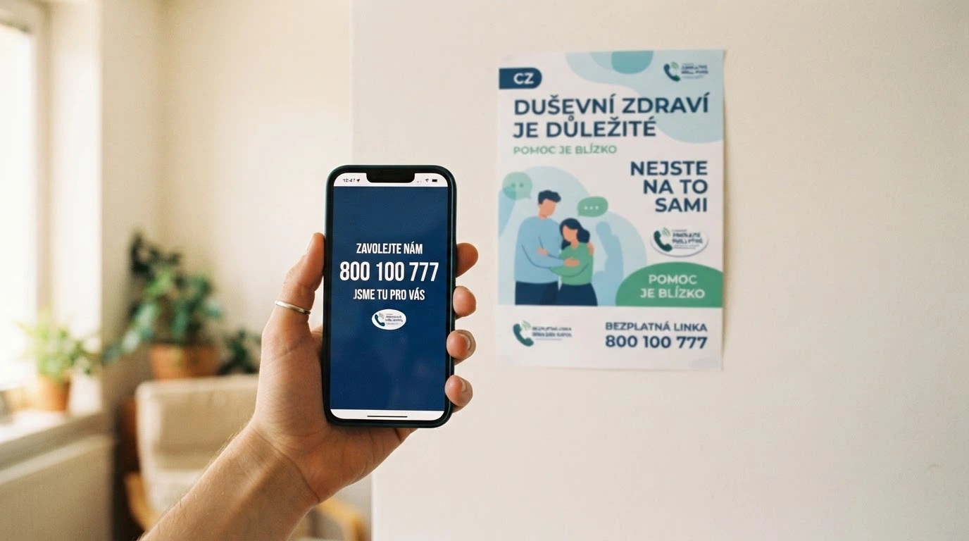 Telefon s vytočeným číslem Národní linky pro odvykání hraní 800 350 000, v pozadí plakát kampaně Zodpovědně hrani
