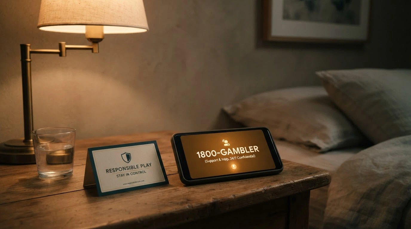 Telefonní aparát s nonstop linkou pomoci zobrazenou na displeji, vedle něj logo zodpovědného hraní