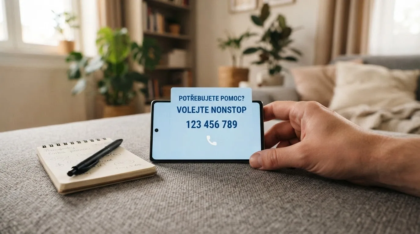 Telefon s vytočeným číslem linky pomoci a logem Zodpovědného hraní