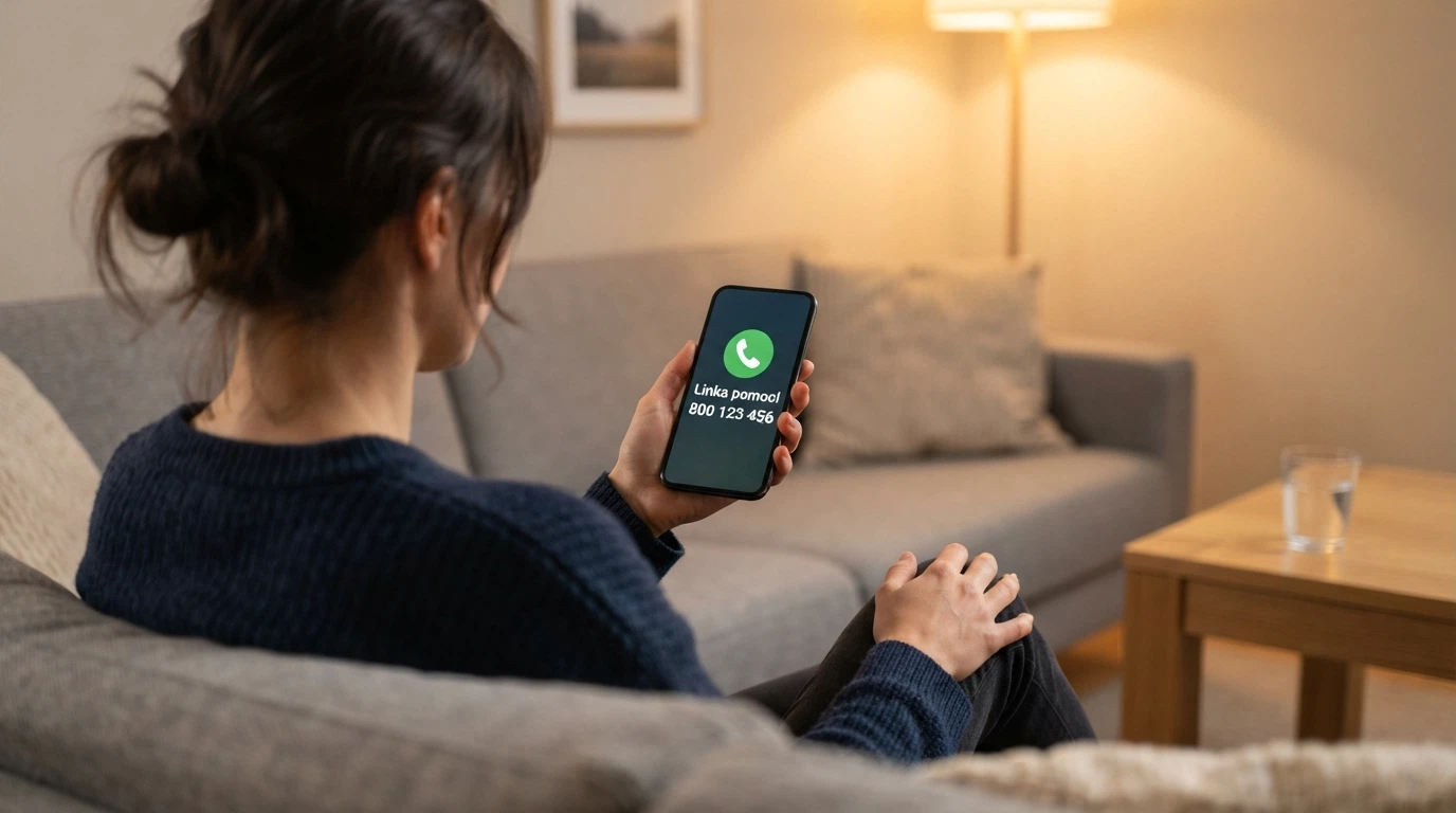 Telefon s vytočeným číslem linky pomoci na displeji, vedle ikona panic buttonu a čísla o prevalenci problémového hráčství