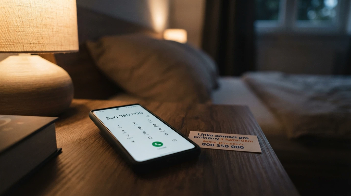 Telefon s vytočeným číslem 800 350 000 na lince pomoci, vedle něj vizitka s logem Naberte kurz